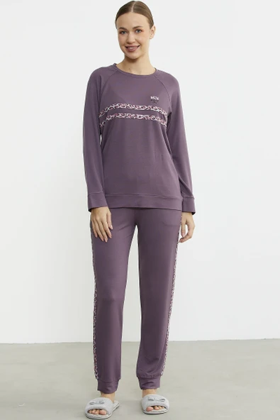 Leopar Çizgili Jogger Pijama Takım - Mor ürün görseli 1