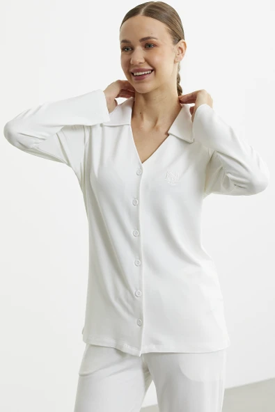 Gömlek Model Nakışlı Pijama Takım - Ekru - Resim 3