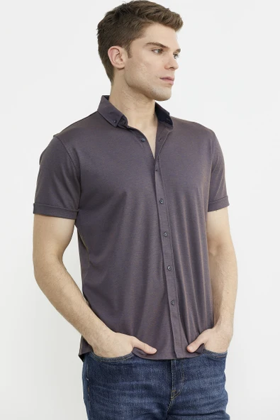 Kısa Kol Slim Fit Penye Gömlek - Mor - Resim 5