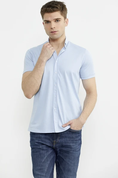 Kısa Kol Slim Fit Penye Gömlek - Açık Mavi ürün görseli 1
