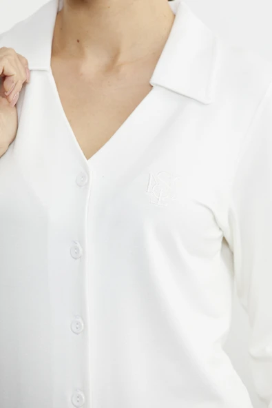 Gömlek Model Nakışlı Pijama Takım - Ekru - Resim 5