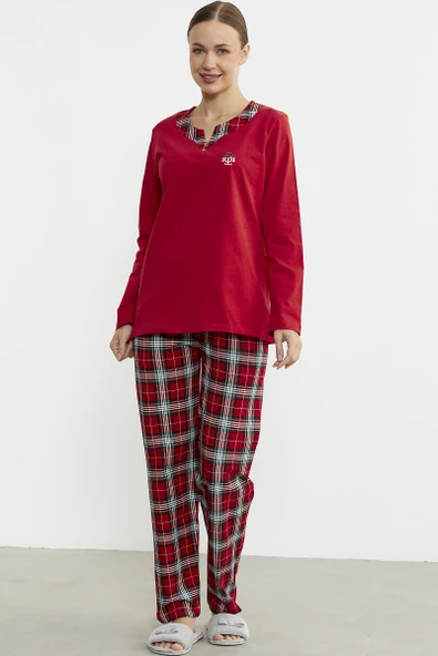 Düz Kombinli Ekose Pijama Takım - Kırmızı ürün görseli 1