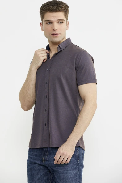 Kısa Kol Slim Fit Penye Gömlek - Mor - Resim 4