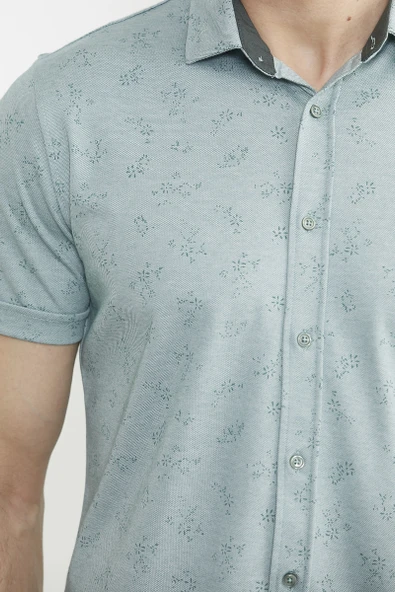 Slim Fit Baskılı Penye Gömlek - Yeşil - Resim 5