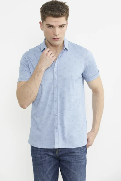 Slim Fit Baskılı Penye Gömlek - Mavi ürün görseli 1