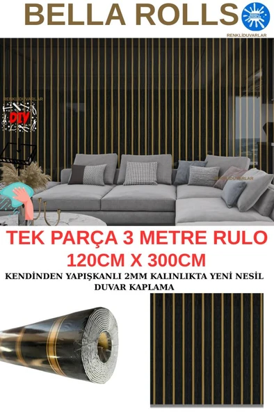 120cmx300cm Tek Parça Yapışkanlı Rulo Gold Çizgili Düz Parlak Siyah Duvar Paneli Kağıdı Şile QM0132 ürün görseli 1