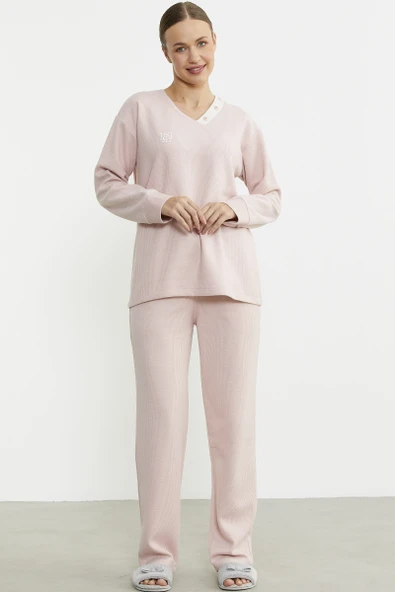 Yumuşak Dokulu V Yaka Pijama Takım - Pembe ürün görseli 1