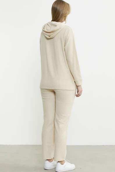 Kapüşonlu Oversize Eşofman Takım - Bej - Resim 6