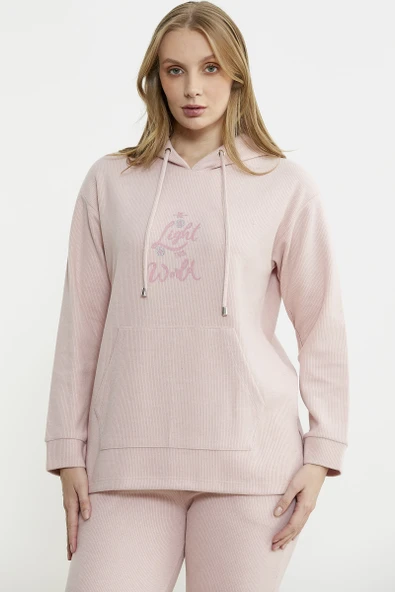 Kapüşonlu Oversize Eşofman Takım - Pembe - Resim 3