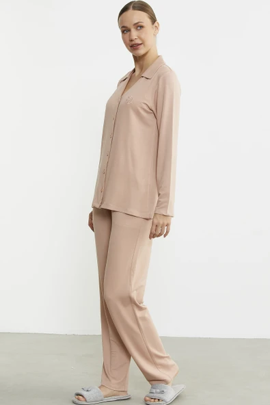 Gömlek Model Nakışlı Pijama Takım - Somon - Resim 4
