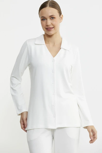 Gömlek Model Nakışlı Pijama Takım - Ekru - Resim 2