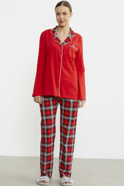 Gömlek Model Ekose Pijama Takım - Kırmızı ürün görseli 1