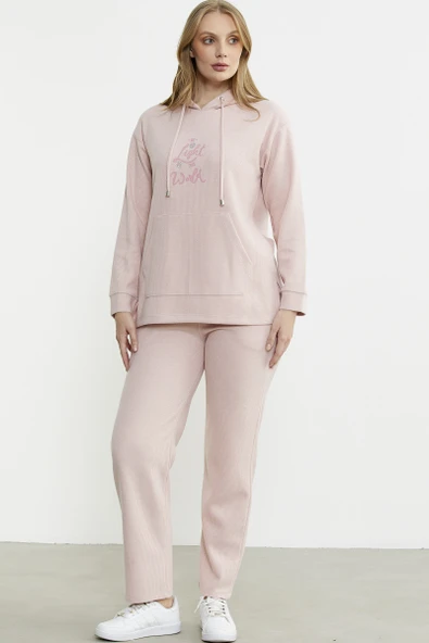 Kapüşonlu Oversize Eşofman Takım - Pembe - Resim 4