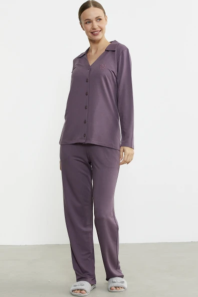 Gömlek Model Nakışlı Pijama Takım - Mor - Resim 2