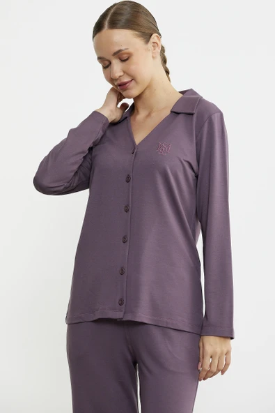 Gömlek Model Nakışlı Pijama Takım - Mor - Resim 4