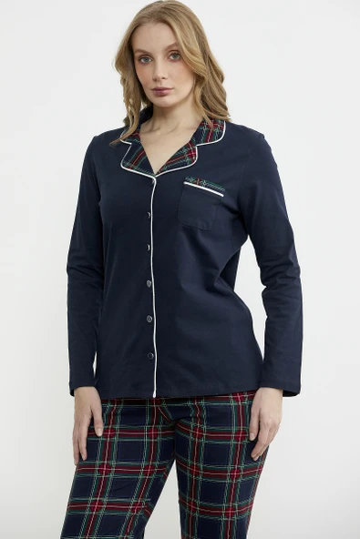 Gömlek Model Ekose Pijama Takım - Lacivert - Resim 3