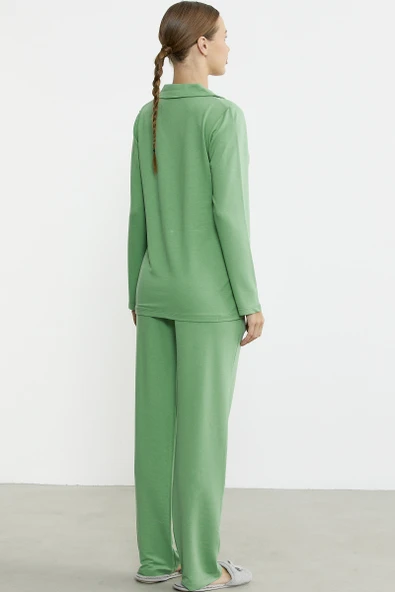 Gömlek Model Nakışlı Pijama Takım - Yeşil - Resim 6