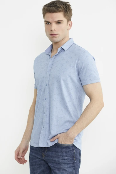 Slim Fit Baskılı Penye Gömlek - Mavi - Resim 3