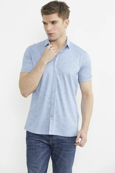 Slim Fit Baskılı Penye Gömlek - Mavi - Resim 2