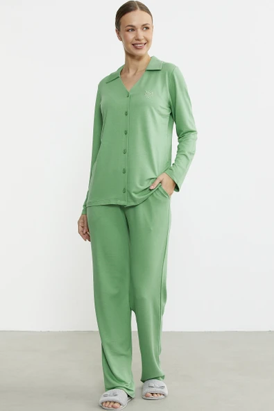 Gömlek Model Nakışlı Pijama Takım - Yeşil - Resim 5