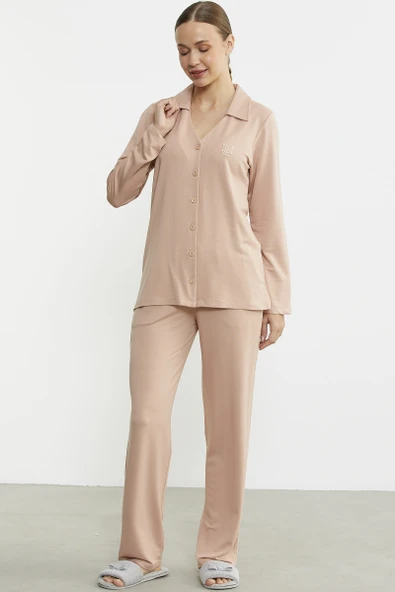 Gömlek Model Nakışlı Pijama Takım - Somon - Resim 5