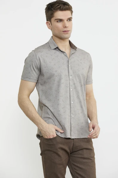 Slim Fit Baskılı Penye Gömlek - Vizon - Resim 4