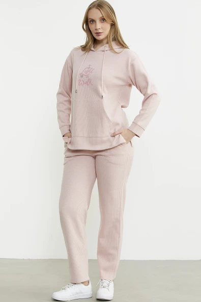 Kapüşonlu Oversize Eşofman Takım - Pembe - Resim 2