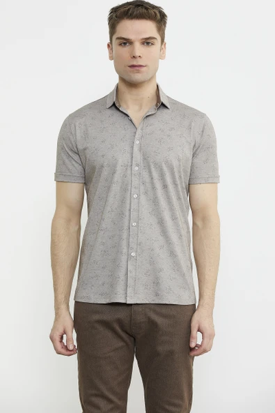 Slim Fit Baskılı Penye Gömlek - Vizon - Resim 2