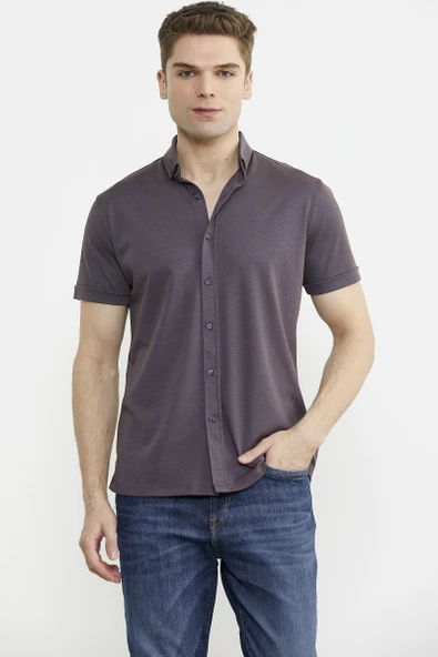 Kısa Kol Slim Fit Penye Gömlek - Mor ürün görseli 1