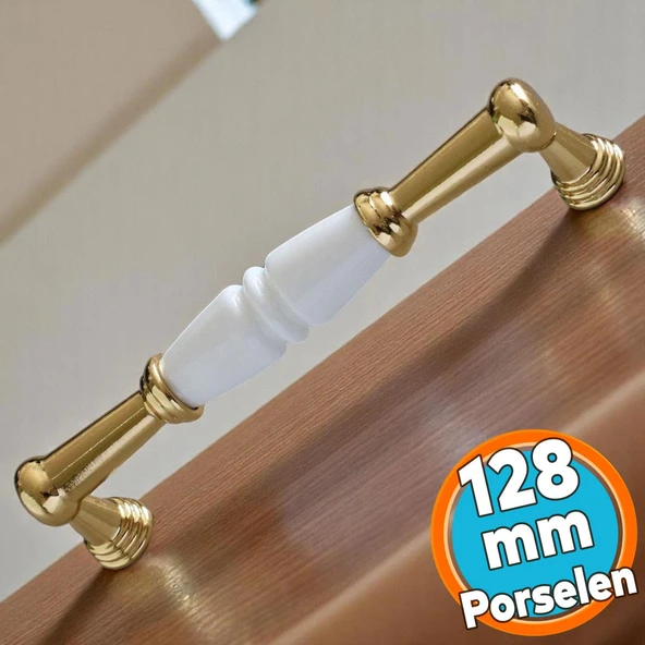 Mobilya Mutfak Kulp Çekmece Dolap  Kulplar Kapak Kulpu Kulbu Gerçek Porselen Beyaz-Altın 128 mm ürün görseli 1