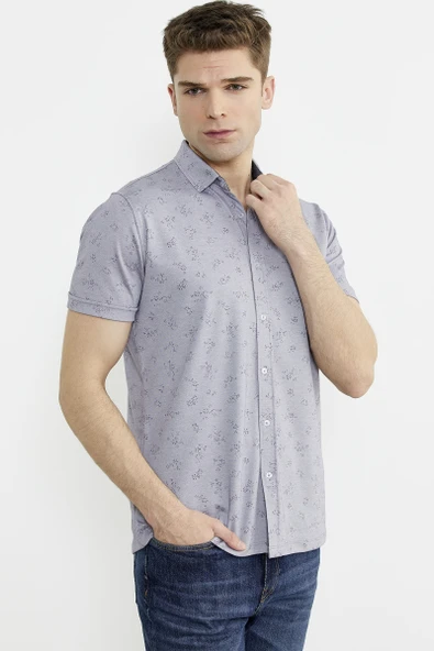Slim Fit Baskılı Penye Gömlek - Lila - Resim 4