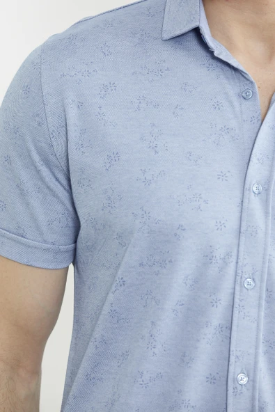 Slim Fit Baskılı Penye Gömlek - Mavi - Resim 5