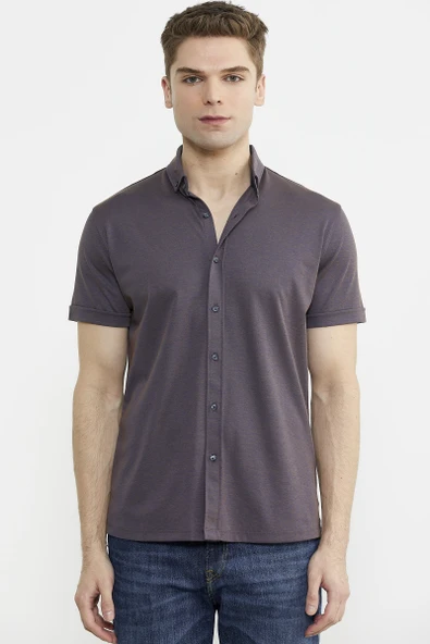 Kısa Kol Slim Fit Penye Gömlek - Mor - Resim 2