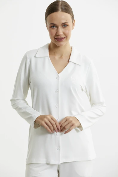 Gömlek Model Nakışlı Pijama Takım - Ekru - Resim 4