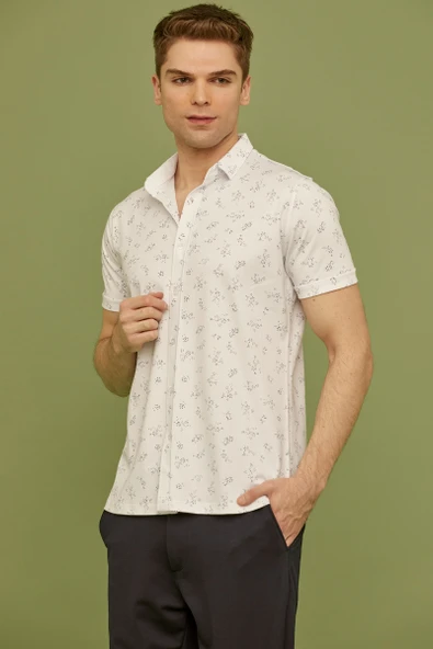 Slim Fit Baskılı Penye Gömlek - Beyaz - Resim 4
