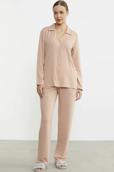 Gömlek Model Nakışlı Pijama Takım - Somon - Resim 2