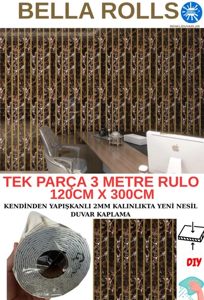 120cmx300cm Tek Parça Yapışkanlı Rulo Gold Çizgili Mermer Desenli Duvar Paneli Kağıdı Beykent QM0134 ürün görseli 1