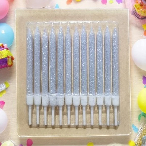 DOĞUM GÜNÜ PASTA MUMU GÜMÜŞ 12 ADET SİMLİ  MUM 10 CM KUTLAMA MUMU ürün görseli 1
