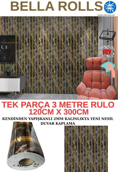 120cmx300cm Tek Parça Yapışkanlı Rulo Gold Mermer Desenli Parlak Duvar Paneli Kağıdı Florya QM0139 ürün görseli 1