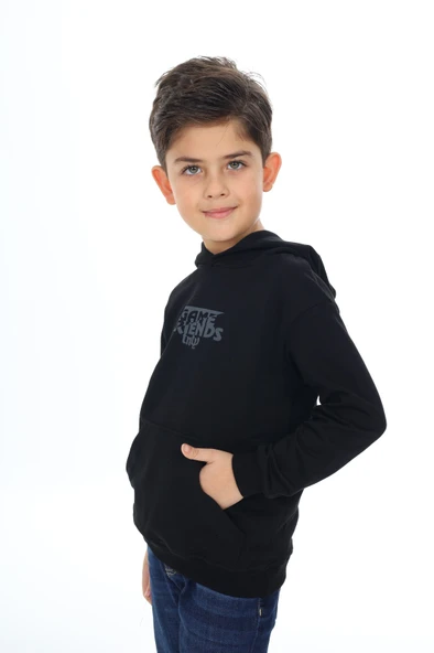 Toontoy Erkek Çocuk Relax Fit Kapüşonlu Cepli Düşük Omuz Baskılı Sweatshirt - 2 İplik ürün görseli 1