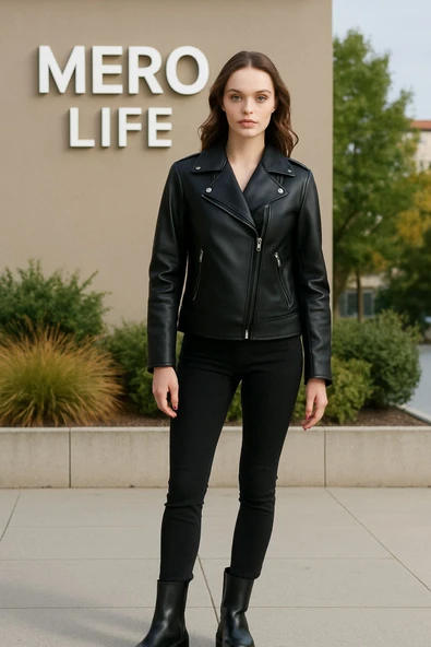 Mero Life Kadın Siyah İçi Kürklü Yeni Sezon Biker Cool & Casual Deri Ceket ürün görseli 1