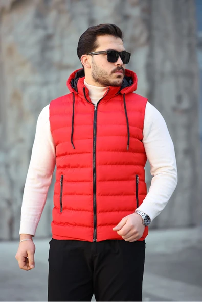 Mero Life Erkek Kırmızı Standart Fit Çıkarılır Kapüşonlu Cepli Fermuarlı Şişme Yelek ürün görseli 1