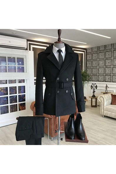 Mero Life Erkek Siyah Kemerli Kaşe Kaban Trenç Model ürün görseli 1