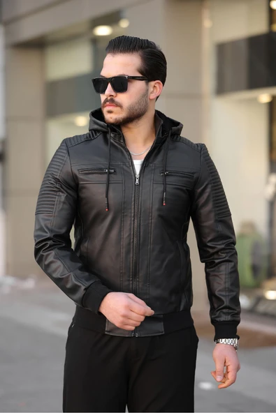 Mero Life Erkek Siyah Dar Kesim Kapüşonlu Bel Lastikli Ribanalı Deri Ceket & Mont ürün görseli 1