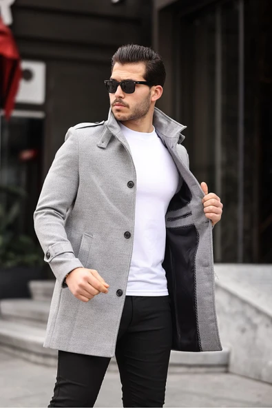 Mero Life Erkek Açık Gri Dar Kesim Dik Yaka Uzun Yün Karışımlı Kaşe Kaban ürün görseli 1