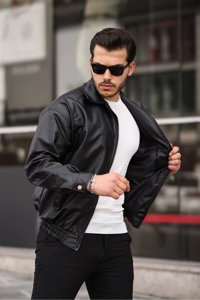 Mero Life Streetwear Siyah Oversize Rahat Kesim Bel Lastikli Deri Ceket ürün görseli 1