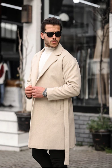 Mero Life Erkek Bej Kemerli Oversize Rahat Kesim Kaşe Kaban ürün görseli 1