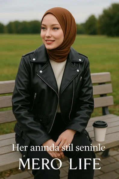 Mero Life Kadın Siyah İçi Kürklü Yeni Sezon Biker Cool & Casual Deri Ceket ürün görseli 1