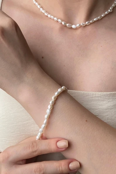 7,5 mm Yassı Barok İnci Bileklik - Resim 2
