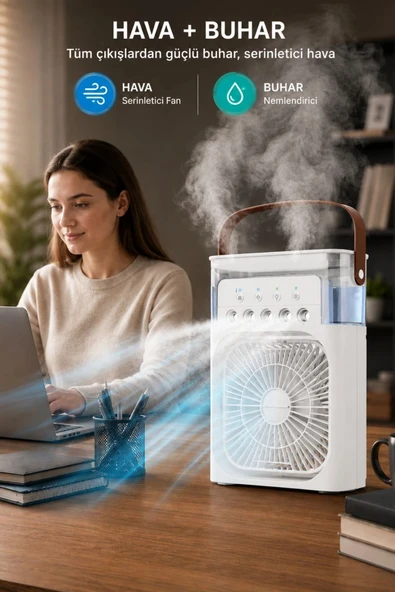 Glr HR001 Beyaz Sulu Fan Masa Üstü Mini Klima Vantilatör Işıklı Nemlendiricili Soğutucu Fan